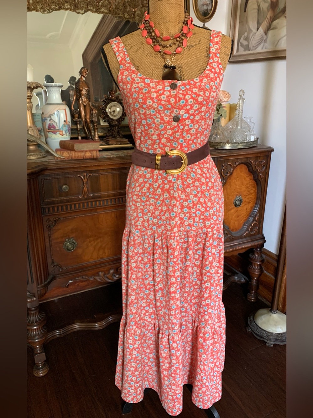 Vintage Coral Floral Cottagecore Boho Hippie Victorian-inspo Floral Dress